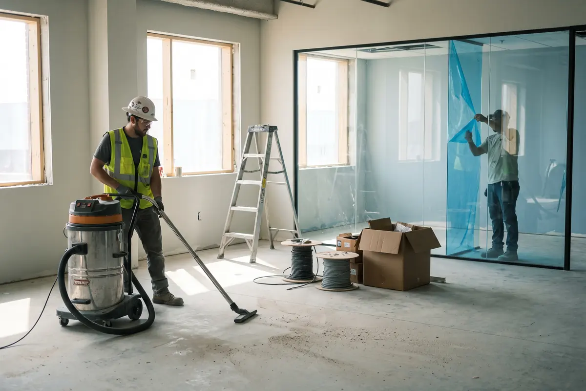 Workers in hard hats removing protective film from window mullions and vacuuming drywall dust in a new office fit out